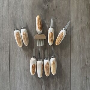 Vintage Corn On The Cob Holders Skewers Set Of 9 Stainless Japan Painted Ceramic